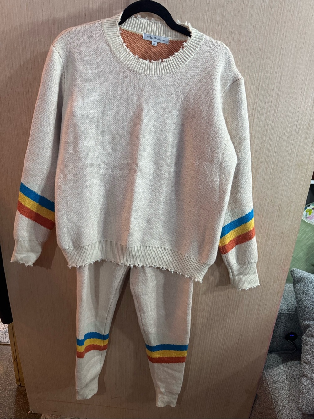Miss Sparkling Ivory Knit Sweater & Jogger Set with Blue, Yellow, Orange Stripes